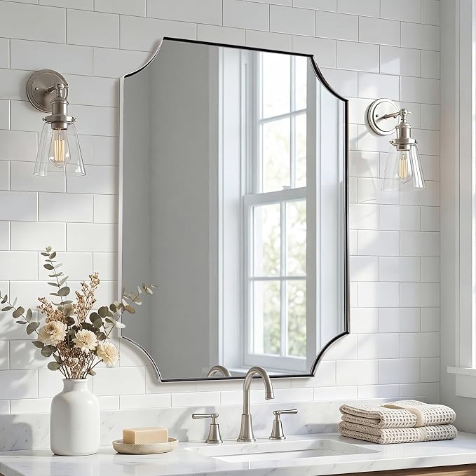 ANDY STAR 28x36 Inch Chrome Bathroom Mirror, Scalloped Mirror for Bathroom, Polished Chrome Mirror in Anti-Rust Stainless Steel Metal Thin Frame Deep 1", Hangs Vertically or Horizontally