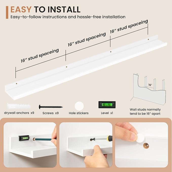 Dreamland Picture Ledge Shelf for Wall, Floating Shelves Set of 2,55 inch Long Floating Shelves with Lip for Living Room,Bedroom,Bathroom,Kitchen,White