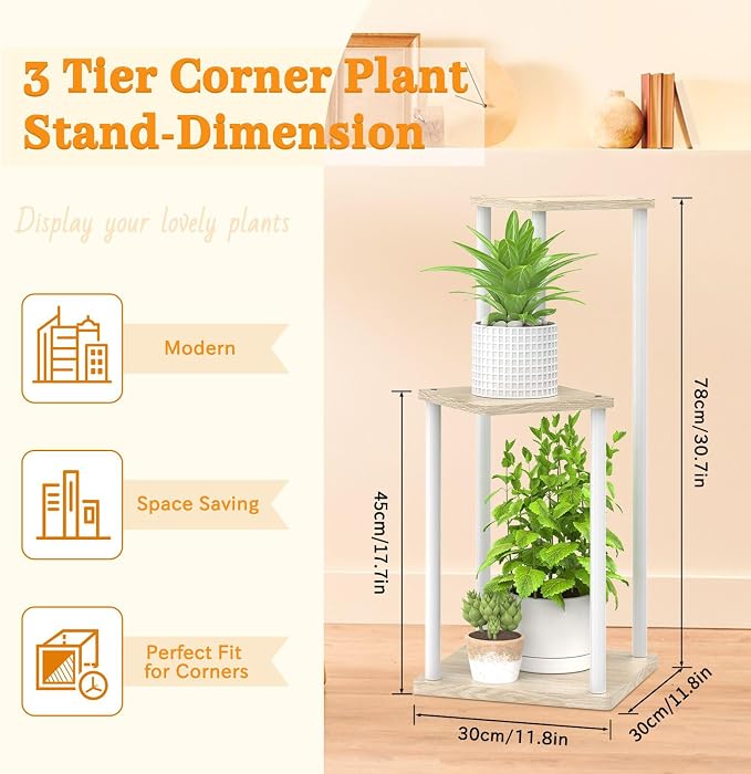 Oppro 3 Tier Plant Stand Indoor Outdoor, Metal Wood Tiered Corner Plant Stands Pot Holder, Wood Flower Shelf Orchid Display Rack for Living Room Bedroom Balcony Garden Patio, Modern White