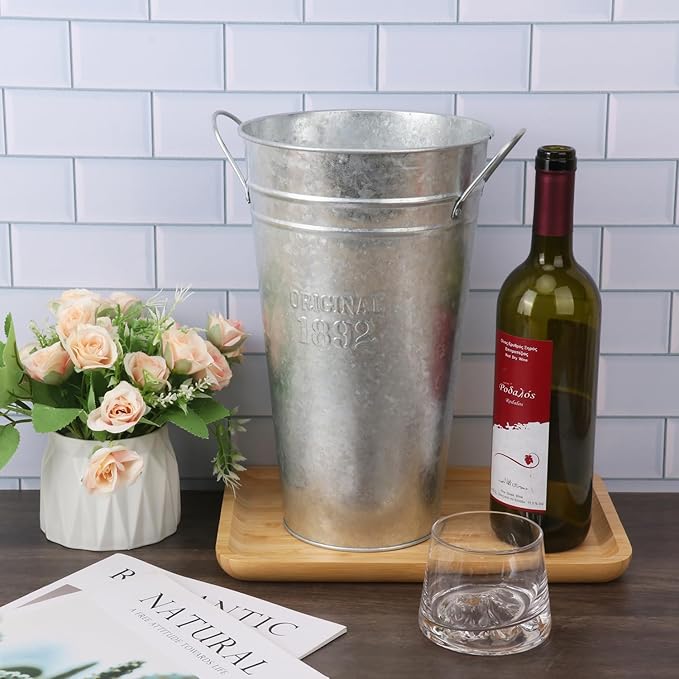 4 Packs 12 Inch Galvanized Metal Vases with Handles, Rustic Flower Buckets for Cut Flowers, Country Wedding, Table Centerpiece Decorations