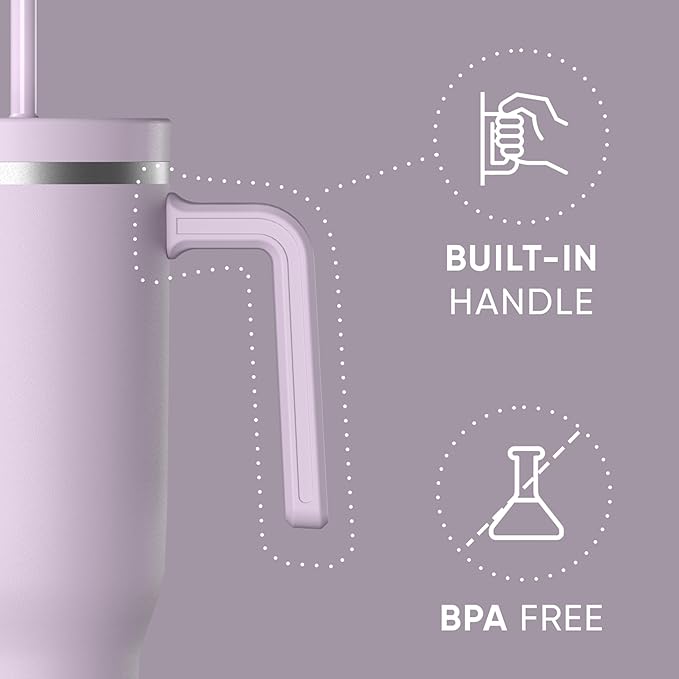 Hydrapeak Voyager 40 Oz Stainless Steel Tumbler with Handle, Insulated Water Bottle With Straw & Lid, Cupholder Friendly Reusable Travel Mug (Blush)