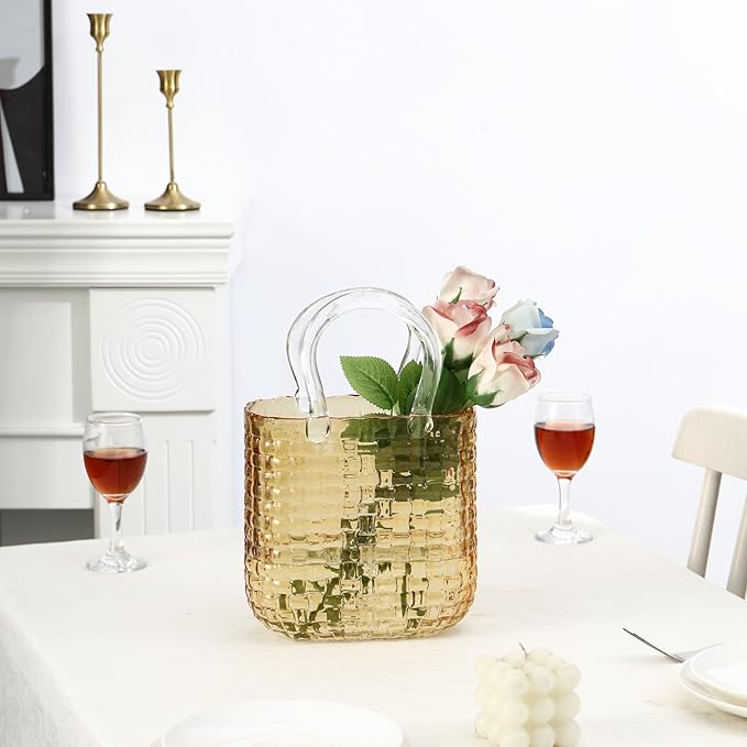 Glass Purse Vasefor Flowers, Purse Flower Vase, Amber Glass Bag Vases, 10 Inch Handbag Shaped Vases for Home, Living Room, Bedroom, Office Decor