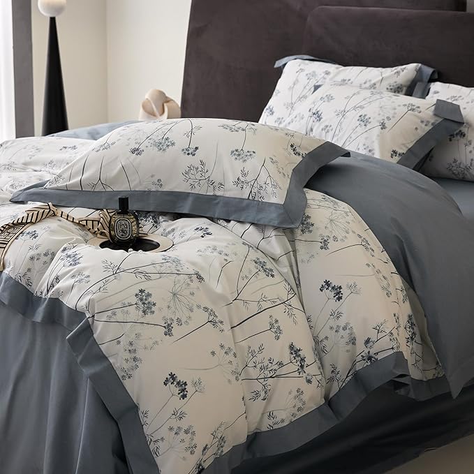 HighBuy Garden Blue Floral Duvet Cover Queen Floral Bedding Comforter Cover Queen Set Luxury Soft Boho Flowers Printed Cozy for Women Men Cottagecore Botanical Floral Bedding Sets Queen All Season