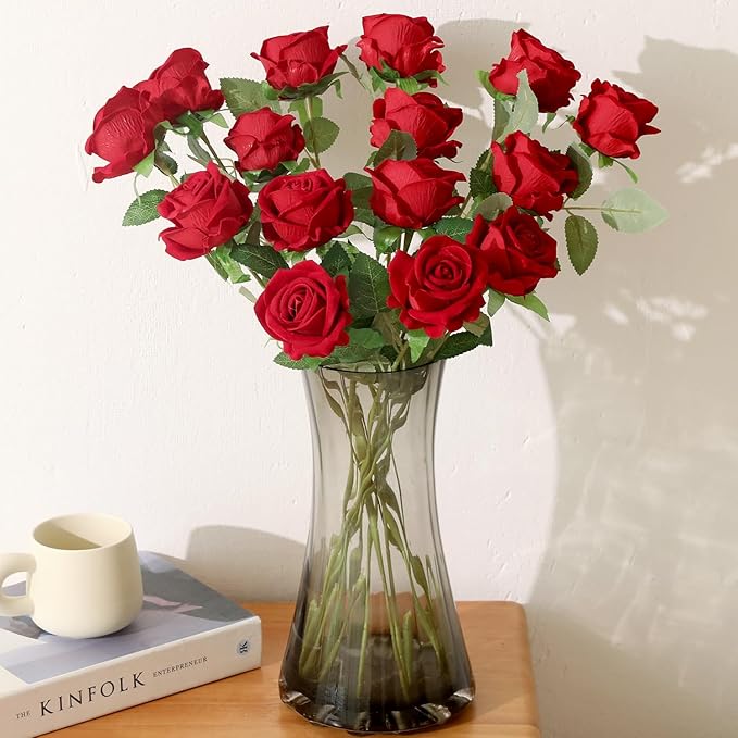 15Pcs Pearl Red Roses Artificial Flowers Fake Roses Long Stem Velet Rose Silk Flowers for Home Wedding Decoration (Pearl Roses,Red)