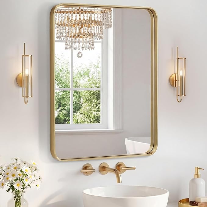 NEWBULIG 24X30 Inch Bathroom Mirror for Over Sink, Wall Vanity Mirrors Tempered Glass, Anti-Rust Metal Framed Rounded Rectangle, Hangs Horizontally or Vertically, Farmhouse Home Decor, Gold