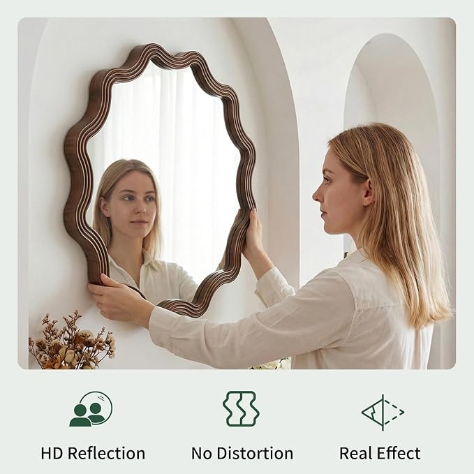Farmhouse Wall Mirror - 31.5" Wood Frame Round Rustic Wall Decorative Mirrors, Circle Scalloped Wavy Round Boho Accent Mirror for Living Room, Bedroom, Entryway, Hallway, Fireplace (Walnut)