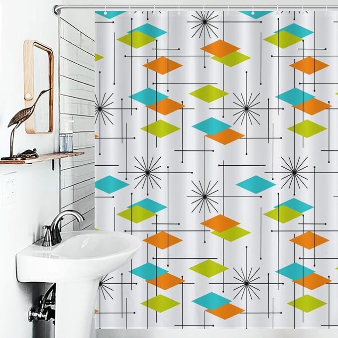 Mid Century Modern Shower Curtain,Retro Abstract Atomic Starburst Geometric Diamond Pattern Shower Curtains Set for Bathroom Fabric Decorative Bath Curtain Washable Curtain Hooks, 72”x72”