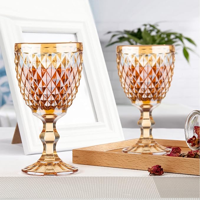 Vintage Wine Glasses Set of 6, 10 Ounce Colored Glass Water Goblets, Unique Embossed Pattern High Clear Stemmed Glassware Wedding Party Bar Glass Drinking Cups Diamond Amber