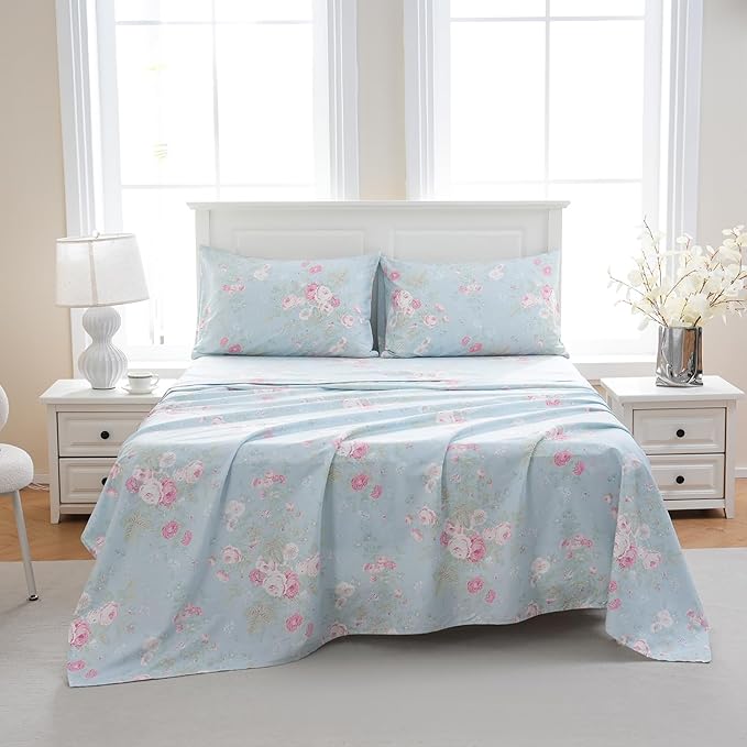 Zusbest Blue Floral Sheets Set King Size 100% Cotton Pink Flowers Bed Sheet Shabby Vintage Chic Bedding Romantic Pastoral Style Original Design Soft Luxury Deep Pocket Fitted Sheet 17.5'', 4 Pcs