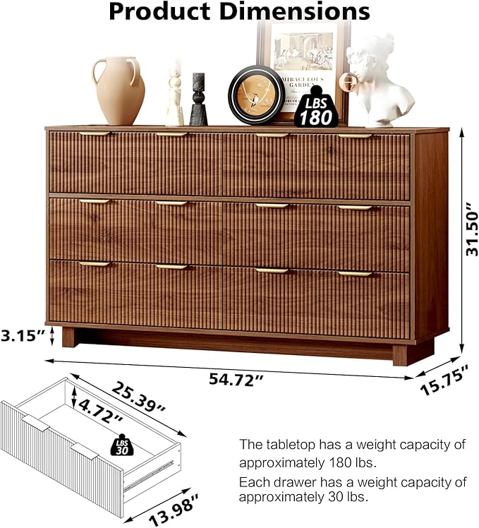 54.72" Modern Chest of Drawer, 6 Deep Drawers,Clothes Organizer,Large Storage Cabinet for Living Room, Bedroom,Dresser TV Stand, Wood Drawer Organizer for Living Room, Hallway, Sepia