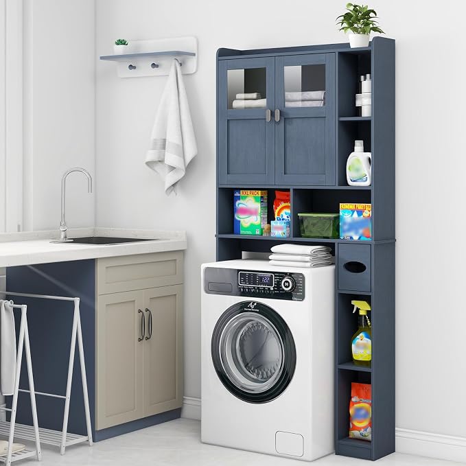 Vabches Over The Toilet Storage Cabinet, Bathroom Shelf Over Toilet with Glass Doors and Adjustable Shelves, Navy Blue Freestanding Home Space Save Toilet Rack, for Restroom, Bathroom, Laundry