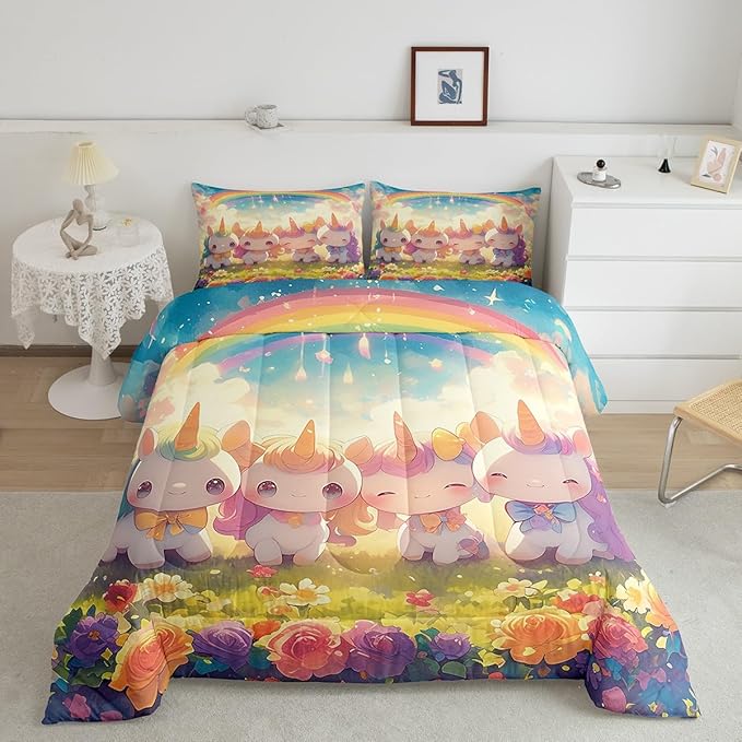 Unicorn Comforter Set King Size,Reversible Cute Unicorn Rainbow Cartoon Horse Animal Bedding Set All Season Quilt Set,Kawaii Style Flowers Galaxy Cloud Microfiber Polyester Down Comforter
