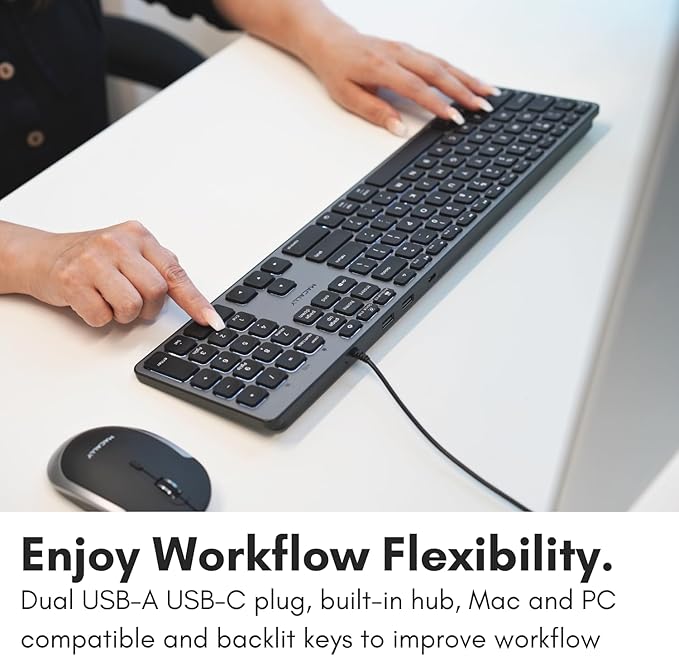 Macally Wired Keyboard for Mac with USB Hub (2X USB-A / 1x USB-C) - Compatible Backlit Apple Keyboard with Dual Interface - Auto OS Detection for Mac, MacBook Pro/Air, iMac, PC, Android, iPad, iOS