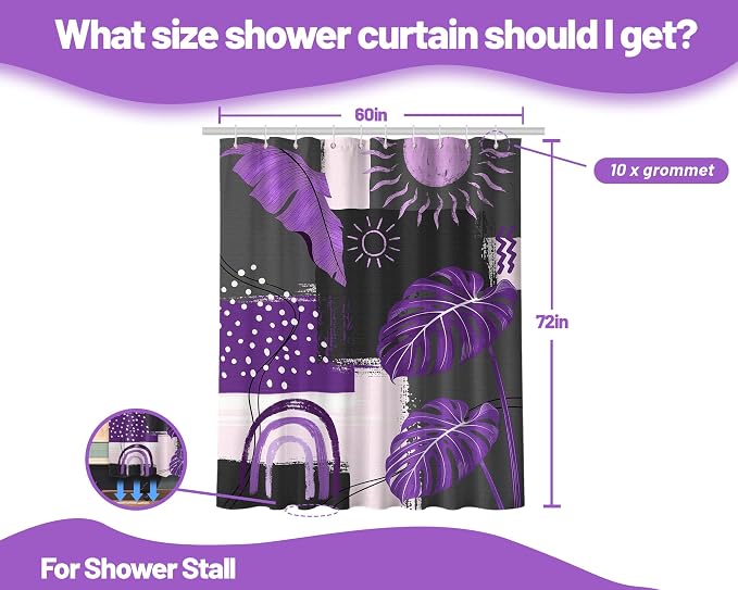 Purple and Gray Mid Century Modern Shower Curtain Bohemian Abstract Dark Purple and Grey Shower Curtains for Bathroom Decor Sets, Waterproof Cloth Fabric with Hooks, 60x72 Inch