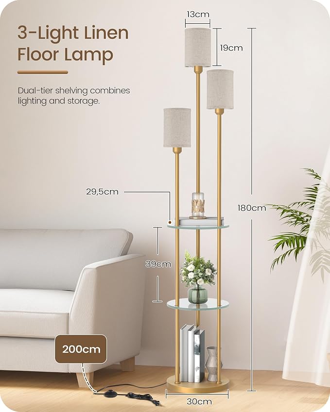 Floor Lamp with Shelves, Modern Floor Lamp with 3 Linen Shades and Foot Switch, 3-Light Standing Lamp, for Living Room, Bedroom, Study, Office, Gold and Beige ED53LD05