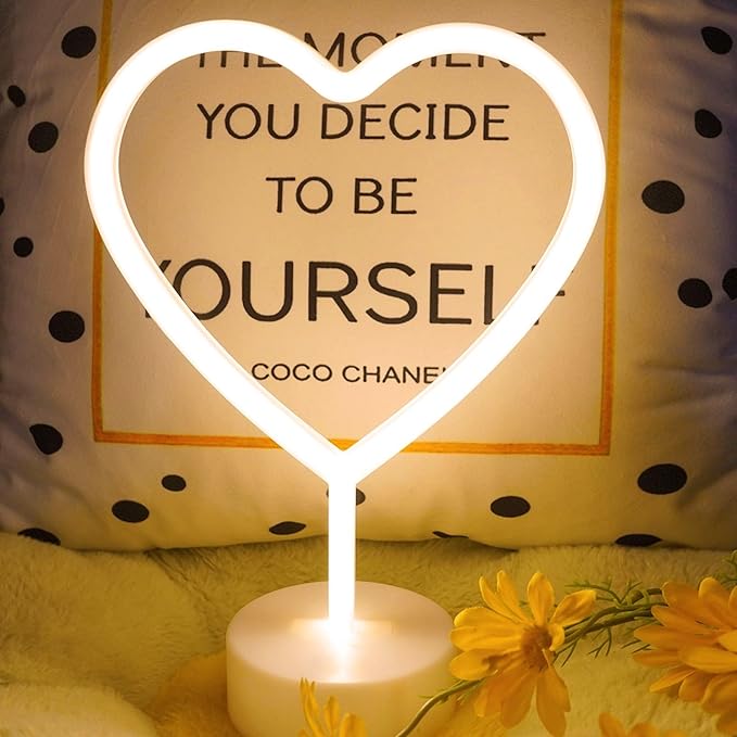 Warm White Heart Neon Sign, Valentines Day Neon Light Battery Operated or USB Powered Valentines Warm White Heart Lights, Table Lamp for Galentines Day Decorations, wedding, Gifts for Women, lover.