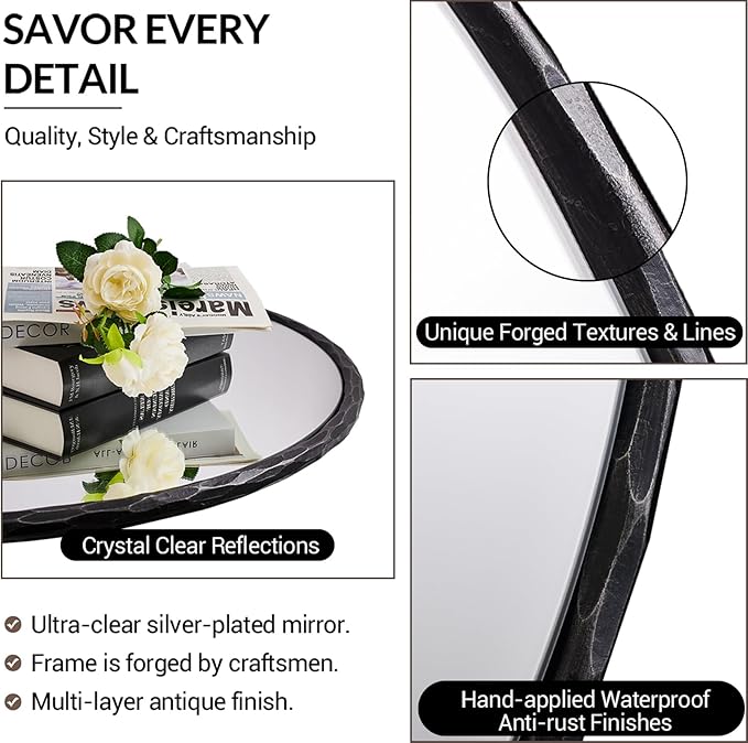 ANDY STAR Hand-Forged Round Mirror for Wall, 36 Inch Black Solid Steel Metal Frame Circle Mirror, Antique Hammered Rounded Bathroom Mirror for Living Room, Bedroom, Entryway, Vanity
