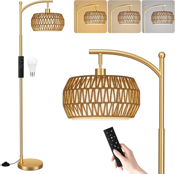 Ambimall Arc Floor Lamp for Living Room with Remote, Color Temperature & Brightness Adjustable, Bohemia Standing Lamp with Rattan & Fabric Double Drum Shades, Bulb Included(Gold)