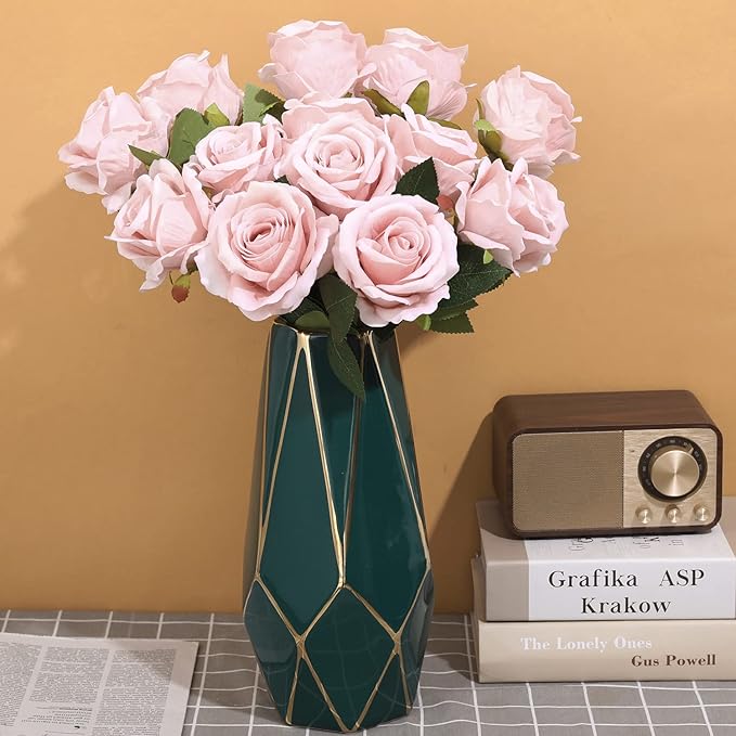 15Pcs Pink Roses Artificial Flowers Fake Roses Long Stem Velet Rose Silk Flowers for Home Wedding Decoration (Round Roses,Pale Pink)