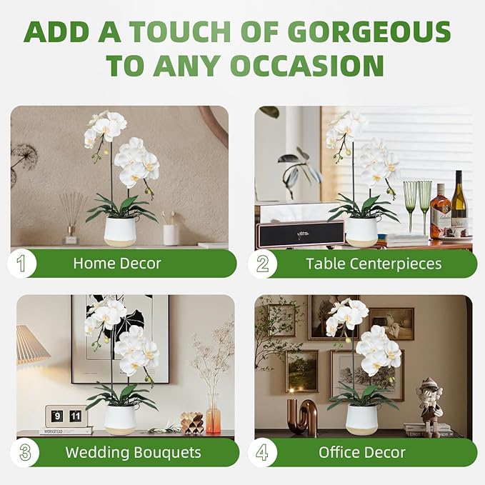 CXGS Orchids Artificial Flowers Realistic Fake Flowers in Ceramic Pot 20" White Lifelike Faux Floral Arrangement Soft PU Phalaenopsis for Home Hotel Indoor Decor, Centerpiece Display