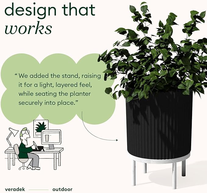 Veradek Demi Series Round Planter w/Stand for Porch/Patio | Durable Plastic-Stone Composite & Wooden Stand | Modern Décor for Tall Plants, Flowers