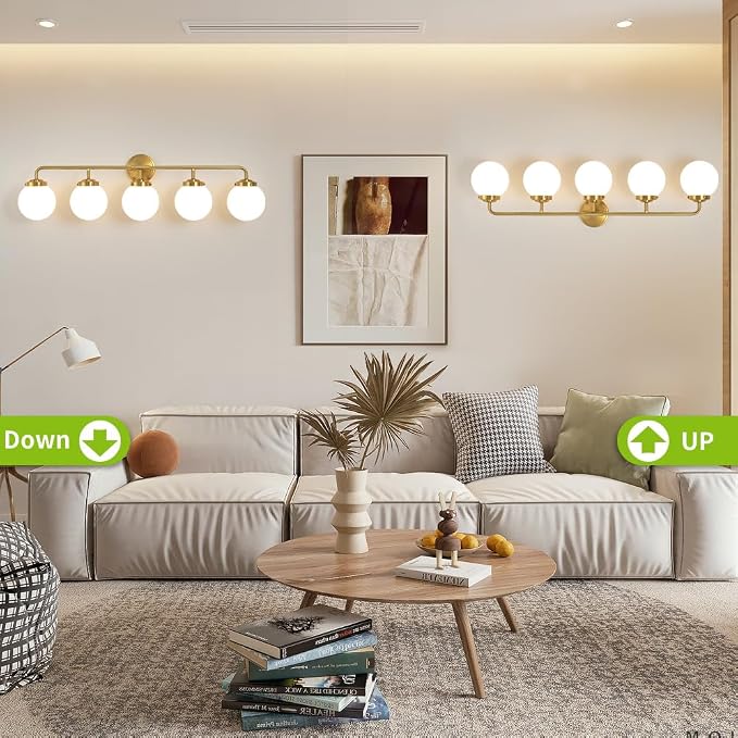 Bathroom Light Fixtures Gold Vanity Lights Over Mirror, Modern Wall Sconce Lighting 5-Light with White Glass Globe Shade
