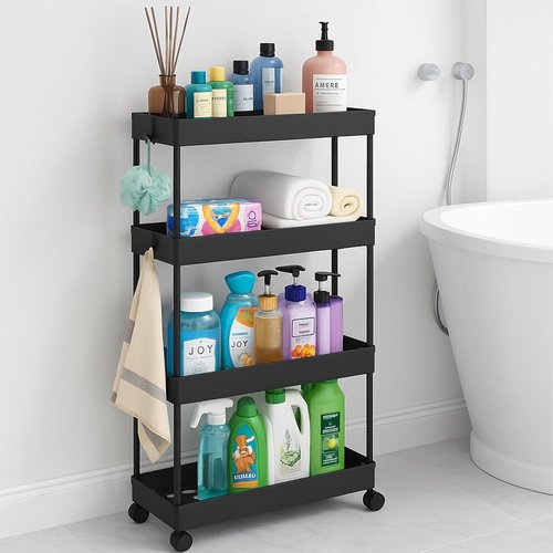 ShellKingdom 4-Tier Slim Rolling Bathroom Storage Organizer - Mobile Shelving Unit with Lockable Wheels (Black)