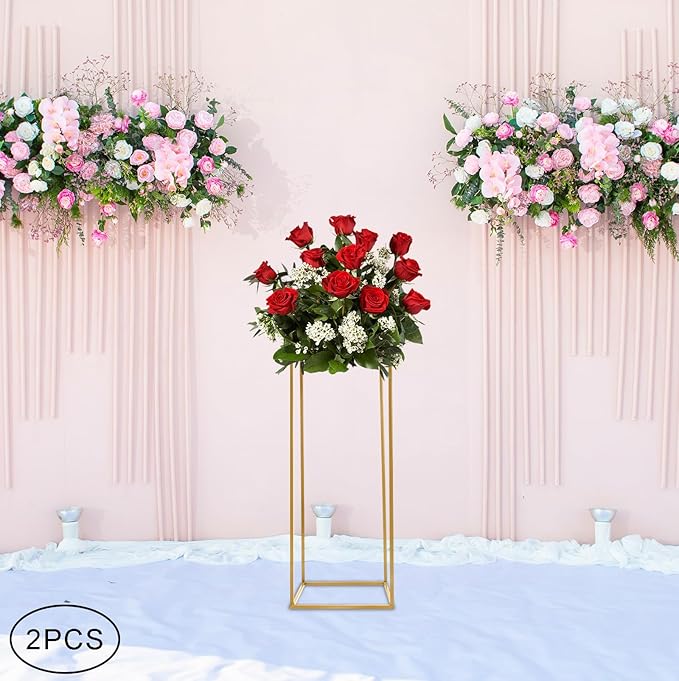 2PC 31.5" Flower Stand for Wedding Metal Cylinder Stands for Party Rectangular Gold Centerpieces Flower Vase Gold Pedestal Columns for Weddings Indoor Outdoor Flower Plant Stand Decoration