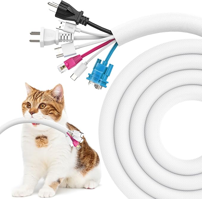 UOMTFAI Dog and Cat Cord Protector 10ft - 1inch, Flexible Cable Sleeve for Easy Cord Management, Protects Cables from Pets Chewing, Ideal for USB, Power, Audio and Video Cords - White