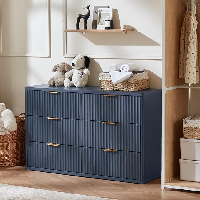 LEYAOYAO Fluted 6 Drawers Dresser, 48" Wide Modern Chest of Drawers with Woodgrain Top, Curved Profile Design, Dresser TV Stand, Wood Drawer Organizer for Bedroom, Living Room, Hallway,Blue