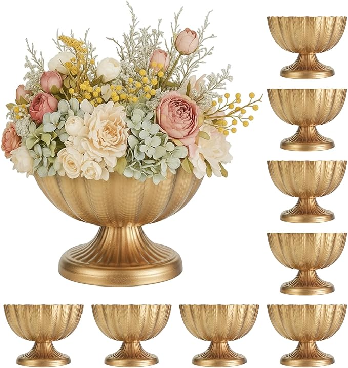 Set of 8 Distressed Gold Metal Compote Bowl Pedestal Vases Antique Urn Vase for Wedding Centerpieces Vintage Floral Arrangement Pots for Events Parties Home Accent Decor