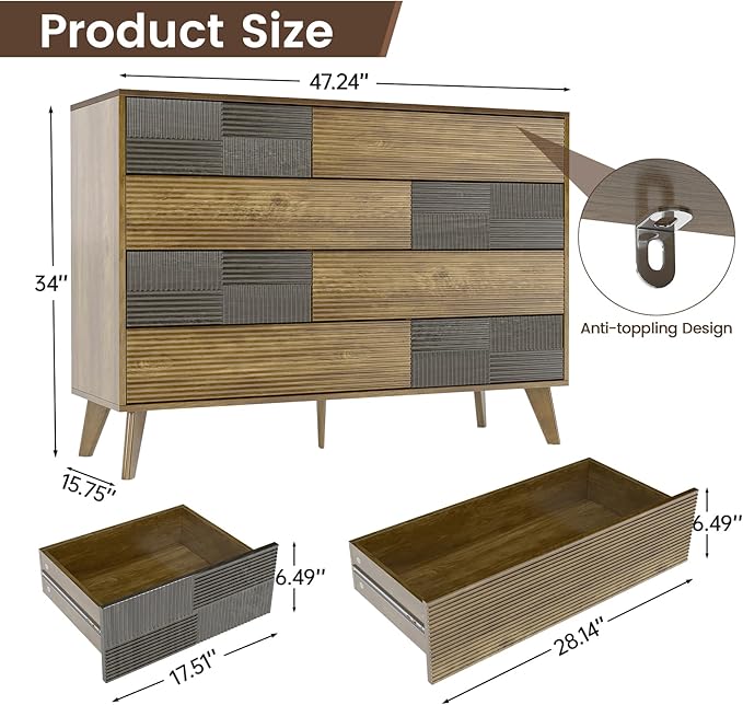 Hadulcet Wood Dressers for Bedroom 34” Tall, Large 8 Drawer Dresser TV Stand, Modern Chest of Drawers Closet Clothes Storage Organizer with Fluted Panel, No Handles Design, Dark Wood