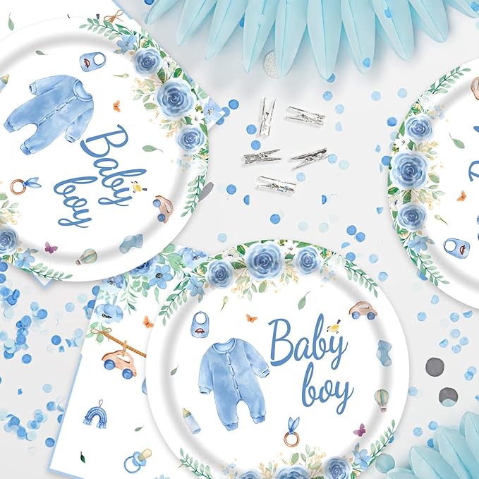 Blue Baby Shower Decorations Blue and White Paper Plates and Napkins Set Party Supplies for Gender Reveal Table Decor 40Pcs Baby Boy Shower Decorations