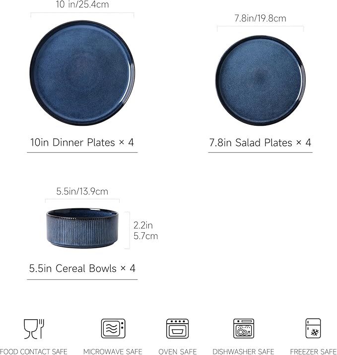 MONITO Ceramic Dinnerware Sets for 6, 18PCS Stoneware Plates and Bowls Sets, Reactive Glaze Dish Set, Chip and Scratch Resistant Double, Microwave and Dishwasher Safe, Dark Blue