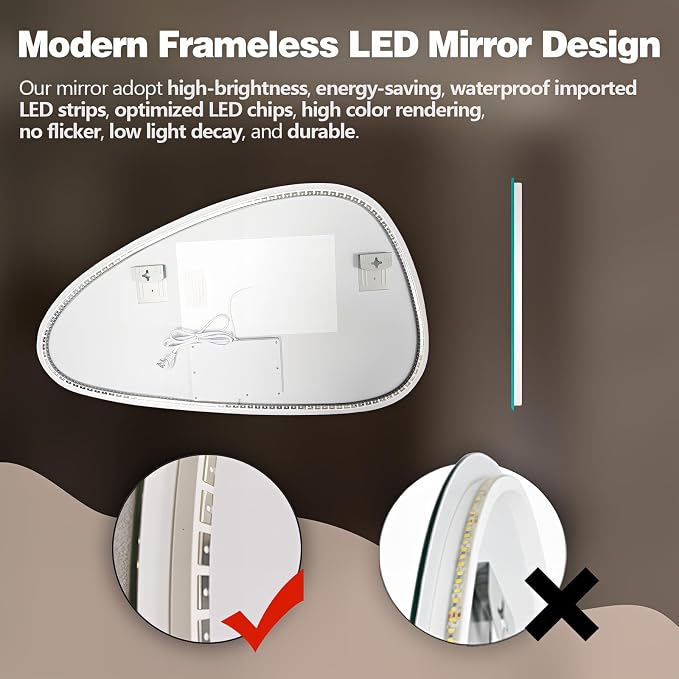 Niccy Irregular LED Bathroom Mirror, 30"x48" Asymmetrical Backlit Vanity Wall Mirrors, Light up Mirrors for Bedroom, Living Room, Modern Smart-Mirror with Anti-Fog, Dimmable, Memory Function