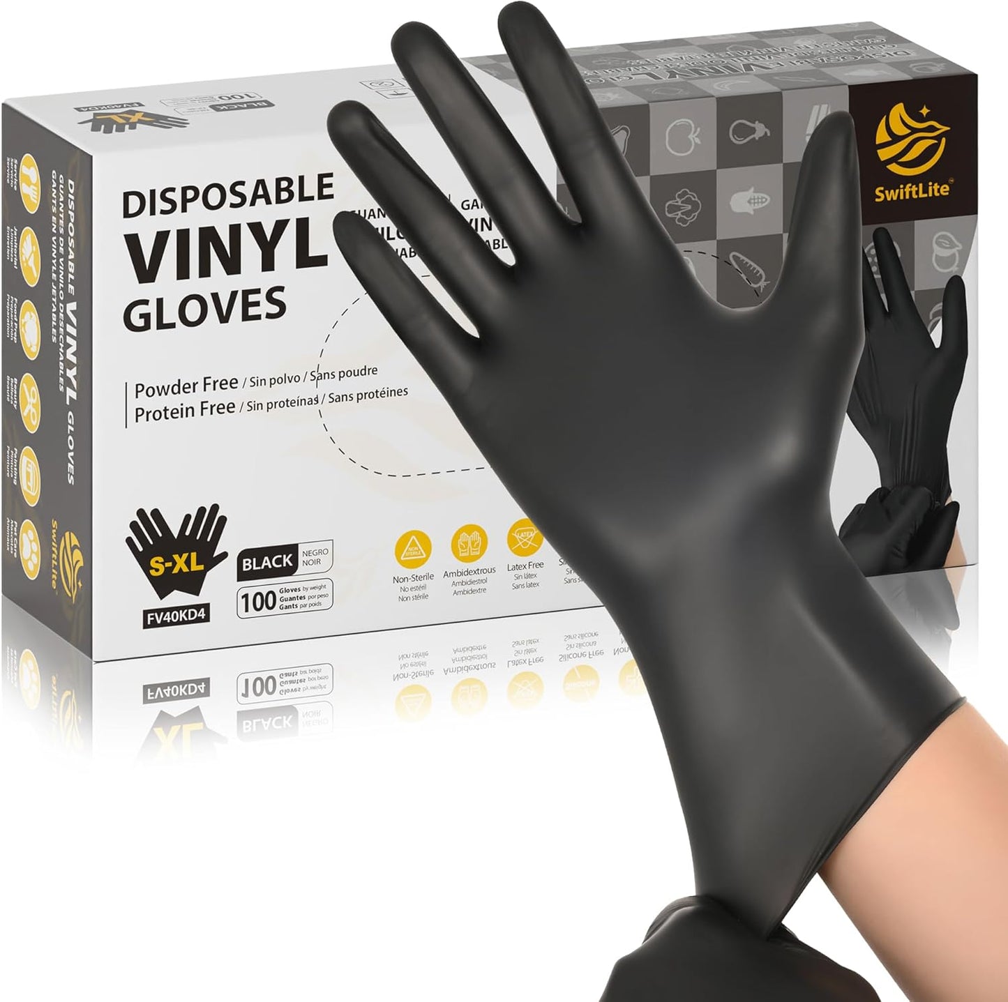 SWIFTLITE Black Vinyl Gloves - Disposable Food Grade, Latex-Free & Powder-Free | Ideal for Cooking & Cleaning