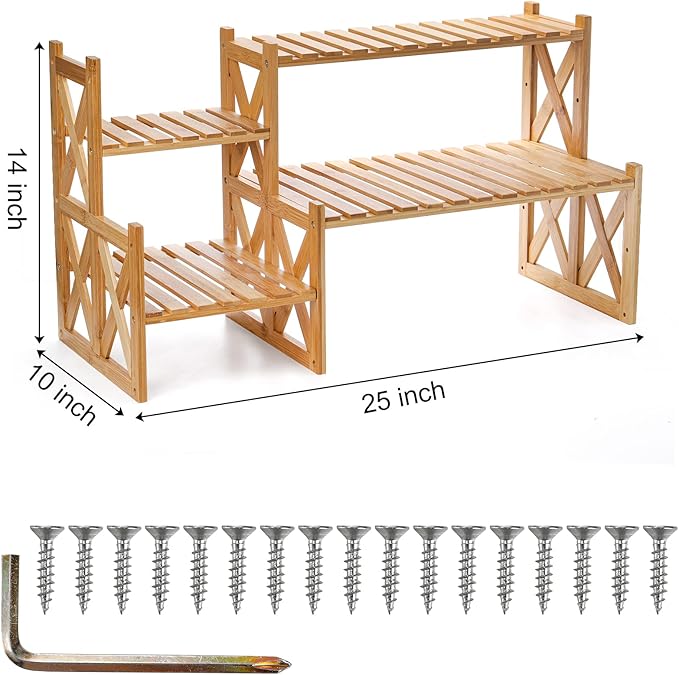 Lawei 2 Tier Bamboo Tabletop Plant Stand, Adjustable Flower Pot Holder Shelf Planter Display Stand, Small Desktop Ladder Plant Rack for Indoor Outdoor Home Patio Lawn Garden Balcony Organizer