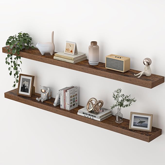 Heimlove 55 Inch Floating Shelves for Wall,Extra Long Mounted Storage wall Shelves with Invisible Metal Bracket for Bedroom Living Room Kitchen Office Set of 2,Rustic Brown