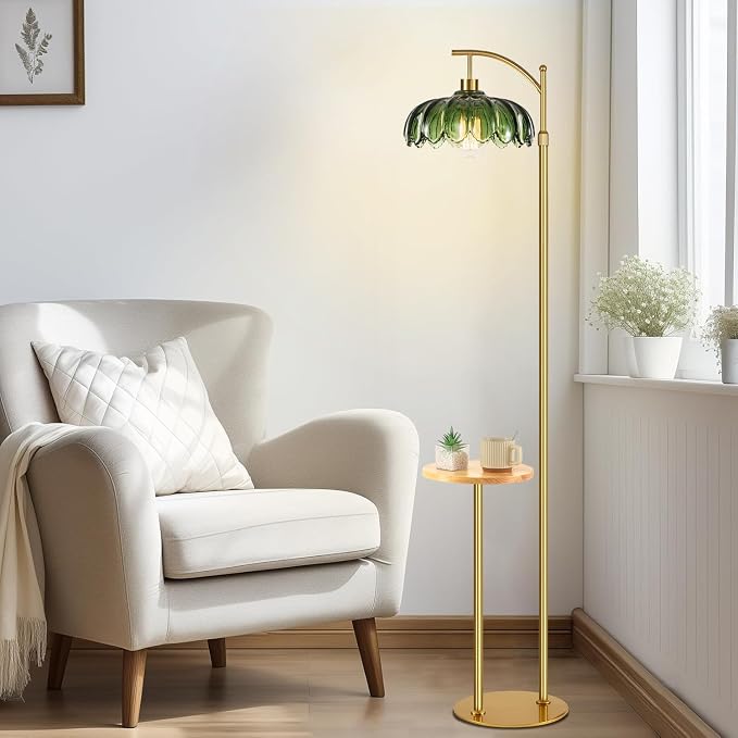 QIYIZM Glass Floor Lamp with Table and Shelves for Living Room Bedroom,Gold Standing Lamp with Remote Dimmable,Boho Brass Tall Lamp Vintage Farmhouse Arc Green Flower Floor Light Bohemian