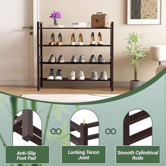 Haddockway Bamboo Shoe Rack for Closet, Free Standing Shoe Organizer with Smooth Round Rods & Convenient Handles, Stackable Shoe Storage Shelf for Entryway, Hallway(Brown, 4-Tier)