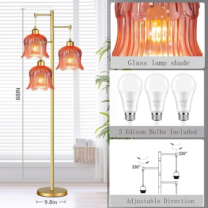 QIYIZM Pink Floor Lamp for Living Room,Bedroom,Gold Mid Century Modern Standing Lamp Brass Tree 3 Light Tall Floor Lamps Floor Lights Glass Flower Lamp Shade Girls Kids Boho Bohemian