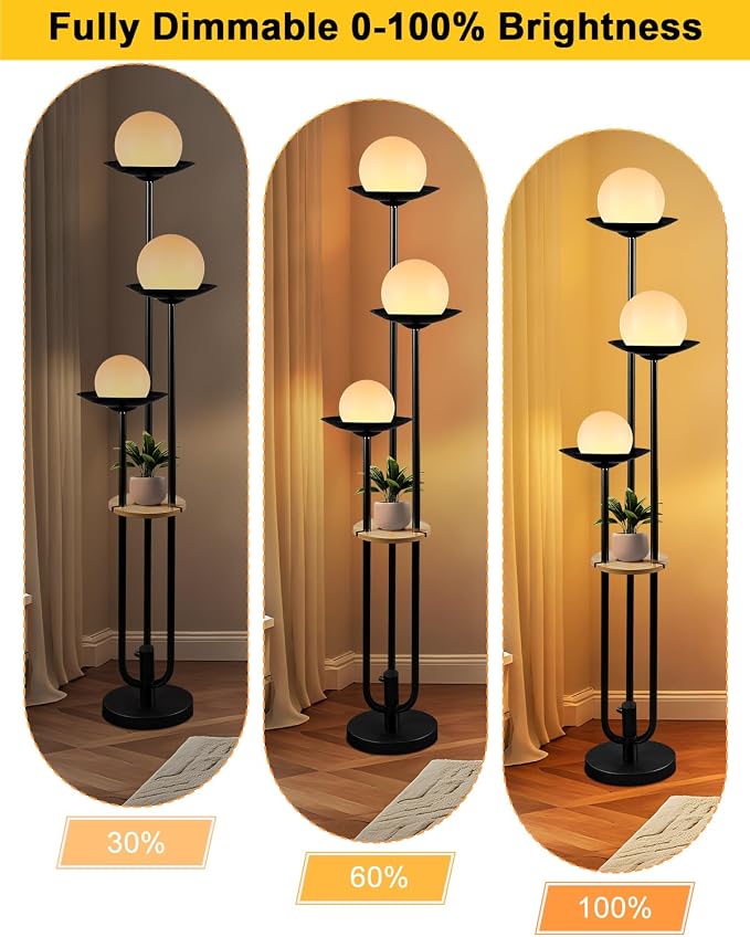 63IN Globe Floor Lamp with Table, 3-Lights Modern Dimmable Floor Lamps with 3000K Warm White Bulbs for Wedding/Party, Black Tall Standing Lamp with 5Lbs Heavy Base for Living Room/Bedroom