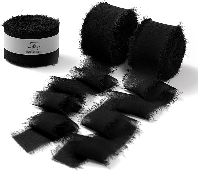 DORIS HOME Black Chiffon Ribbon for Flower Bouquet, 1" x21Yd Fabric Ribbon for Gift Wrapping, Handmade Frayed Ribbon for Wedding Invitations/Christmas Decorations