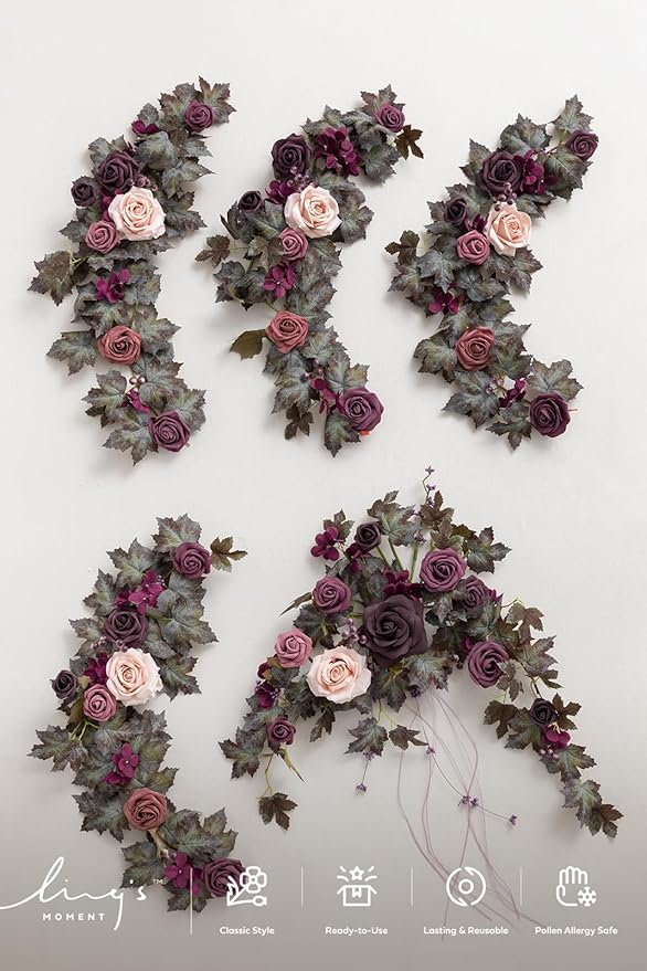 Ling's moment 9FT Flower Garland for Backdrop Decorations - Wedding Arch Flowers, Eucalyptus & Rose, Artificial Floral Garland for Mantle - Sweetheart Table Decor for Beach Reception, Purple