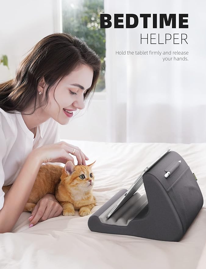 Lamicall Tablet Stand Pillow Holder - Tablet Pillow Soft Pad for Bed, Lap Phone Stand with Stylus Mount & Pocket, for iPad Pro 12.9, Air, Mini, Kindle, Galaxy Tab and 4-13" Devices, Dark Grey