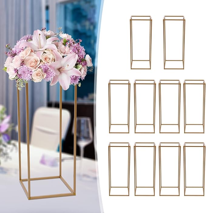 10PC 31.5" Flower Stand for Wedding Metal Cylinder Stands for Party Rectangular Gold Centerpieces Flower Vase Gold Pedestal Columns for Weddings Indoor Outdoor Flower Plant Stand Decoration