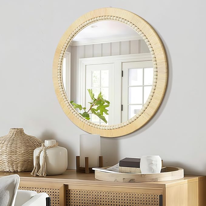 ULIKE Rattan Wicker Mirror for Bathroom, 24 Inch Boho Woven Decorative for Wall, Rustic Farmhouse Vanity Mirror, Round Rattan Mirrors for Living Room Entryway Bathroom Bedroom