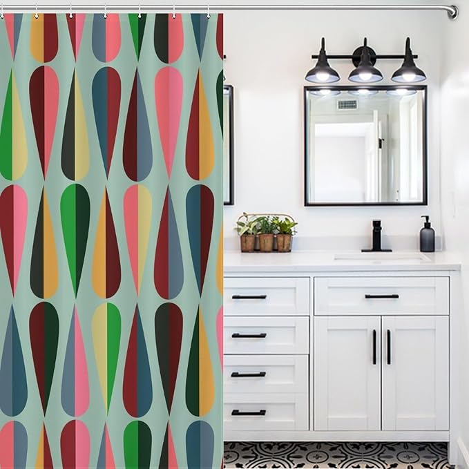 Mid Century Modern Shower Curtain,Retro Abstract Geometric Drop Shapes Art Style Shower Curtains Set for Bathroom Fabric Decorative Bath Curtain Washable Curtain Hooks, 72x72 in