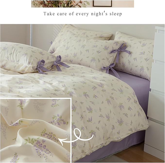 EAVD Botanical Floral Duvet Cover King Soft 100% Cotton Chic Garden Floral Bedding Set with 2 Pillowcases Fresh Purple Floral Comforter Cover with Zipper Closure Ties