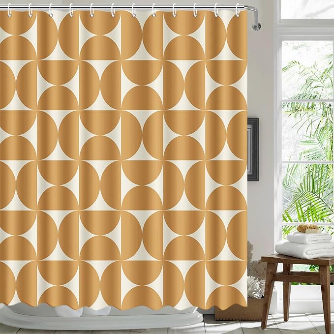 MEHOFOND Vintage Yellow Shower Curtain Modern Mid Century Abstract Geometric Bathroom Curtain Boho Retro Classic 1950S 60S Bathtub Decor Fabric Waterproof Bath Curtain with 12 Hook 72x72 Inch